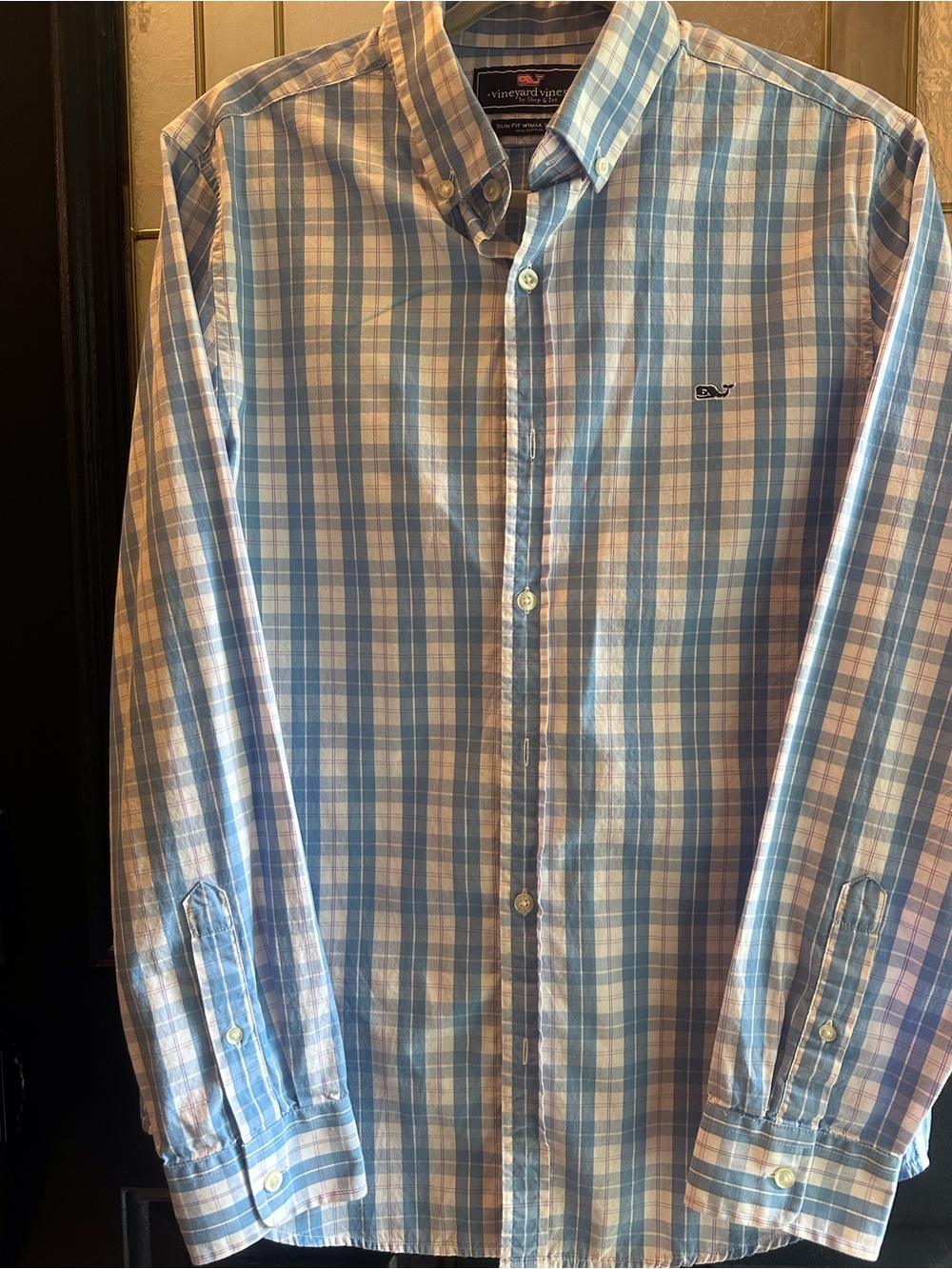 Vineyard Vines Mens Slim Fit Whale Blue White Plaid Long Sleeve Shirt  Size M